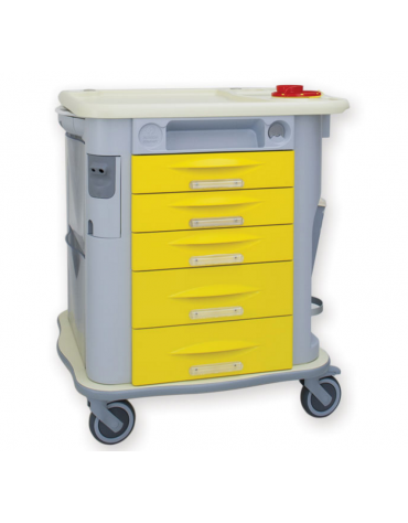 Carrello emergenza amagnetico, colore  giallo, 5 cassetti con ruote amagnetiche, senza sistema di blocco - cm 77,5x71x92h