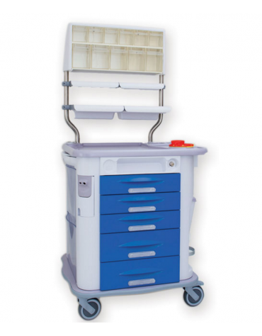 Carrello medicazione, blu con 5 cassetti - cm 77,5x71x92h