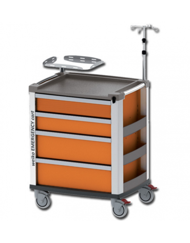 Carrello emergenza - con asta porta flebo a 4 ganci, ripiano porta defibrillatore e porta bombola - arancione - cm 60,5x80,5x97h