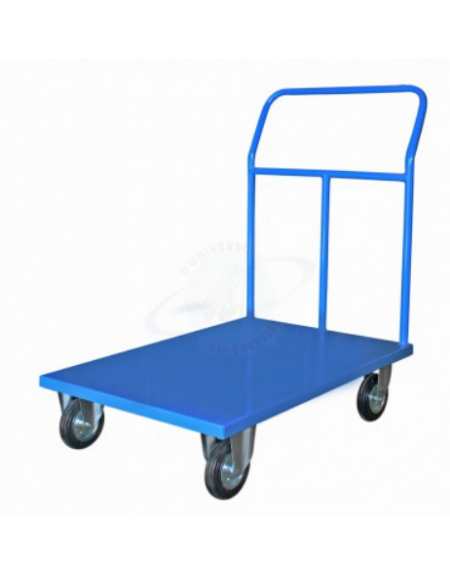 Carrello con pianale in lamiera 20/10, 4 ruote (2 fisse-2 girevoli) in gomma piena, 2 con freno Ø cm 14 - cm 100x60x100h