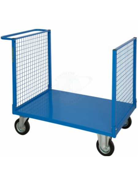 Carrello con pianale con 2 sponde in rete -  4 ruote girevoli gomma industriale 2 con freno Ø cm 14 - cm 60x90x81h