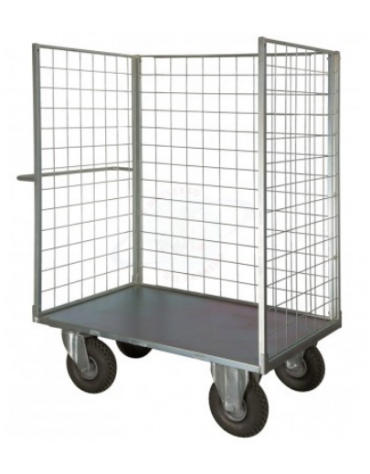 Carrello con pianale verniciato a 3 sponde - 4 ruote (2 fisse - 2 girevoli) pneumatiche, 2 con freno Ø cm 26 - cm 77,5x115x132h