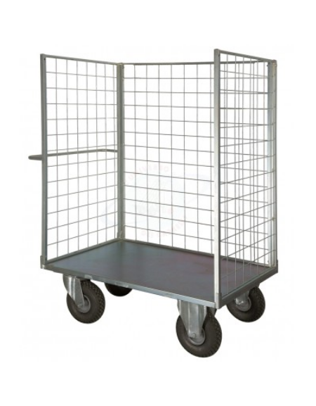 Carrello con pianale verniciato a 3 sponde - 4 ruote (2 fisse - 2 girevoli) pneumatiche, 2 con freno Ø cm 26 - cm 77,5x115x132h