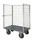 Carrello con pianale verniciato a 3 sponde - 4 ruote girevoli pneumatiche, 2 con freno Ø cm 26 - cm 77,5x115x132h