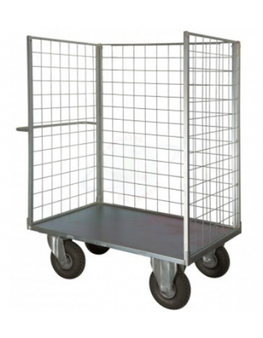 Carrello con pianale verniciato a 3 sponde - 4 ruote girevoli pneumatiche, 2 con freno Ø cm 26 - cm 77,5x115x132h