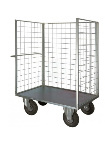 Carrello con pianale verniciato a 3 sponde - 4 ruote girevoli pneumatiche, 2 con freno Ø cm 26 - cm 77,5x115x132h