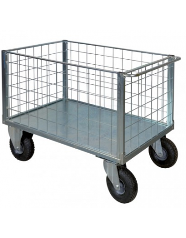 Carrello con pianale - 4 sponde in rete zincata - 4 ruote(2 fisse-2 girevoli) pneumatiche Ø cm 26 - cm 75x115x60,5h