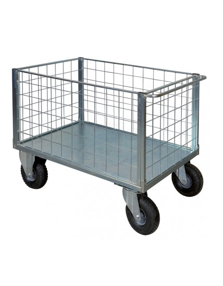 Carrello con pianale - 4 sponde in rete zincata - 4 ruote(2 fisse-2 girevoli) pneumatiche Ø cm 26 - cm 75x115x60,5h