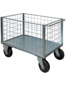 Carrello con pianale - 4 sponde in rete zincata - 4 ruote(2 fisse-2 girevoli) pneumatiche, 2 con freno cm Ø 26 - cm 75x115x60,5h