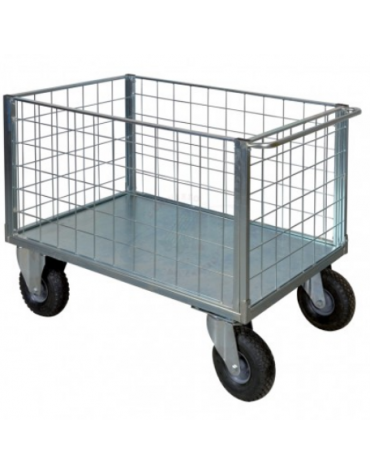 Carrello con pianale - 4 sponde in rete zincata - 4 ruote(2 fisse-2 girevoli) pneumatiche, 2 con freno cm Ø 26 - cm 75x115x60,5h