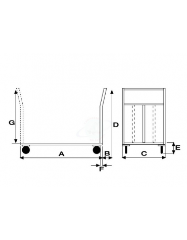 Pianale in lamiera 20/10 a 2 sponde - 1 fissa e 1 rimovibile - 4 ruote girevoli antiforatura - 2 con freno Ø cm 26 - cm 80x120