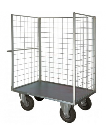 Carrello con pianale zincato a 3 sponde - 4 ruote antiforatura (2 fisse - 2 girevoli) Ø cm 26 - cm 77,5x115x132h