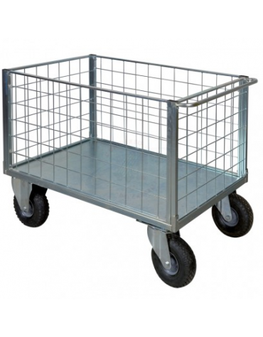 Carrello con pianale a 4 sponde in rete verniciata - 4 ruote antiforatura (2 fisse-2 girevoli) Ø cm 26 - cm 75x115x60,5h