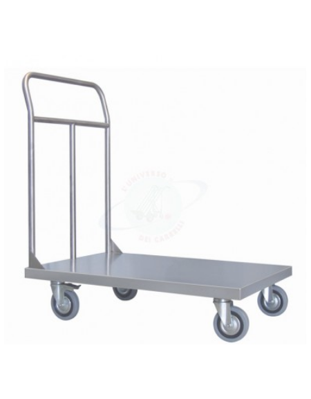 Carrello a pianale in acciaio alimentare AISI 304 lamiera 15/10, 2 ruote fisse, 2 girevoli Ø cm 12,5 - cm 50x80x90h