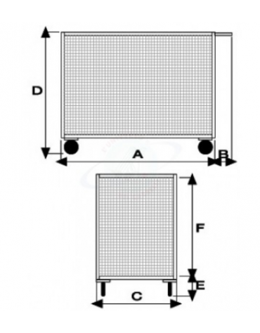 Carrello a pianale in acciaio inox AISI304 con 3 sponde in rete 4 ruote (2 fisse - 2 girevoli con freno) gomma grigia antitracci