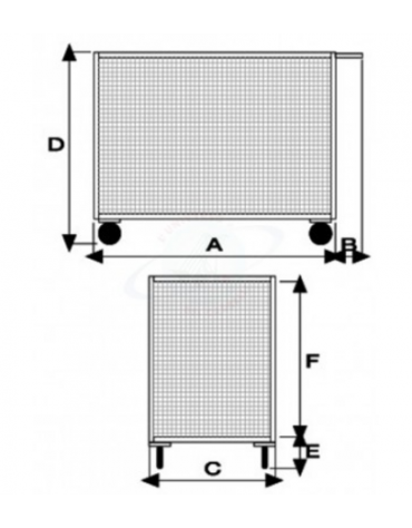 Pianale in acciaio inox a 4 sponde in rete, 4 ruote (2 fisse - 2 girevoli con freno) in gomma grigia antitraccia Ø cm 14 - cm 60