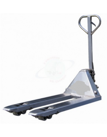 Carrello transpallet acciaio inox gruppo Idraulico, comando a leva a 3 posizioni, ruote timone in nylon Ø cm 20 - cm 54x115