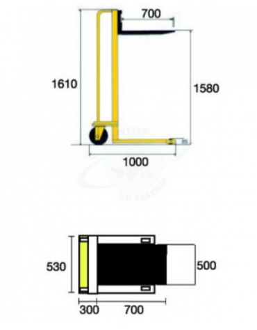 Sollevatore a arganello in acciaio inox AISI 304 2 ruote posteriori in Nylon/adiprene Ø cm 15 cm 100x53x161h