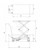 Piattaforma carrellata grande, alzata 300 Kg con rulliera a rulli folli. Ruote Ø cm 12,8x4, di cui 2 con freno