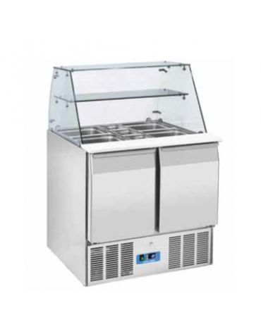 Tavolo saladette refrigerato inox AISI 304, 2 sportelli GN - campana di vetri - refrigerazione statica - mm 900x700x1294h