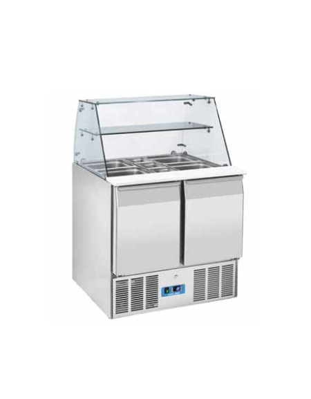 Tavolo saladette refrigerato inox AISI 304, 2 sportelli GN - campana di vetri - refrigerazione statica - mm 900x700x1294h