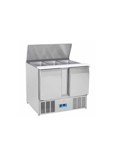 Tavolo saladette refrigerato inox AISI 304, 2 sportelli GN - parte superiore scorrevole e alzabile - mm 1045x700x883h