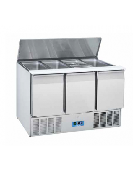 Tavolo saladette refrigerato inox AISI 304, 2 sportelli GN - parte superiore scorrevole e, alzabile - mm 1365x700x883h