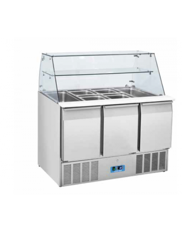 Tavolo saladette refrigerato inox AISI 304, 3 sportelli GN - parte superiore con campana di vetri - mm 1365x700x1294h