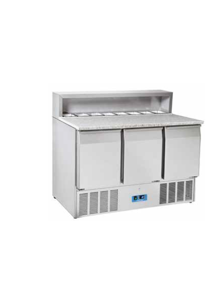 Mini banco pizza inox AISI 304, 3 sportelli GN - parte superiore con piano di lavoro in granito - mm 1365x700x1092h