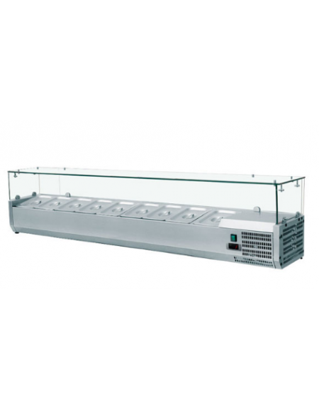 Vetrinetta refrigerata per pizzeria, in acciaio inox con vetri - predisposta per 8 bacinelle GN1/3 + 1 GN1/2  - mm 1800x395x435h