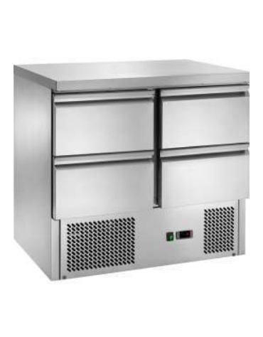 Saladette refrigerata statica, con 4 cassetti, piano in inox e temperatura + 2° C/ + 8° C - L 900 mm x P 700 mm x H 870 mm