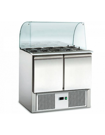 Saladette predisposta per 2 bacinelle GN1/1 + 3 bacinelle GN1/6, con 2 porte e vetro curvo - L 900 mm x P 700 mm x H 1300 mm