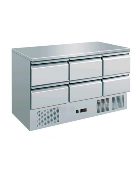 Saladette a refrigerazione statica, ( + 2° C/ + 8° C ), piano di lavoro in acciaio INOX, 6 cassetti - mm 1365x700x870h