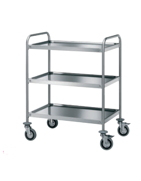 Carrello di Servizio Acciaio Inox ad Alto Spessore - 3 Ripiani Stampati Inox  - Dimensioni 110x70x104(h) cm - Ruote ø125 mm