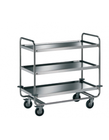 Carrello di servizio con 3 ripiani stampati - inox 18/10, tubo tondo - cm 110x68x102h