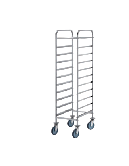 Carrello portavassoi acciaio 18/10 AISI 304, tubo quadro 20x20 mm - ripiano sup. e ringhierina - 10 vassoi GN - cm 45x60x154h