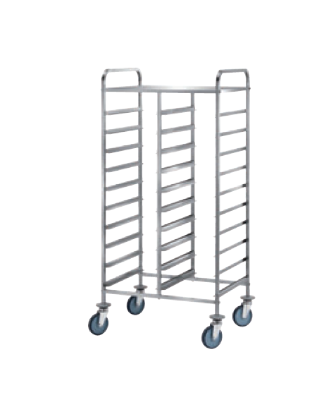 Carrello portavassoi acciaio 18/10 AISI 304, tubo quadro 20x20 mm - ripiano sup. e ringhierina - 20 vassoi GN - cm 80x60x154h