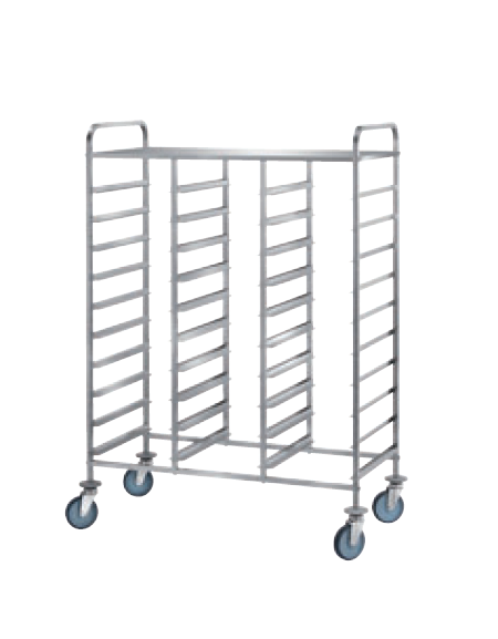 Carrello portavassoi acciaio 18/10 AISI 304, tubo quadro 20x20 mm - ripiano sup. e ringhierina - 30 vassoi GN - cm 115x60x154h