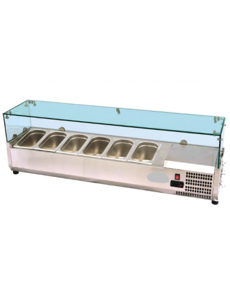 Vetrinetta refrigerata per pizzeria, in acciaio inox con vetri - predisposta per 6 bacinelle GN1/3 - mm 1400×395×430h