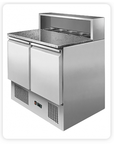 Saladette refrigerata R-600a  inox per pizzeria, 2 porte, 5 x GN1/3 , + 2° + 8°C - lt 380 - mm 900×700×850h