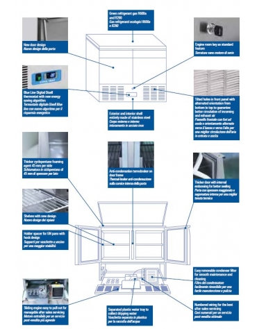 Tavolo refrigerato in acciaio inox AISI 304, con 1 sportello - 2 cassetti - Refrigerazione statica - mm 900x700x882h