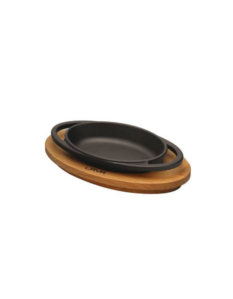 Piatto ovale in ghisa con supporto legno - cm 15x10x2,5h - 1 pozione di  0,99 Kg. 