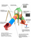 Torre con scivolo a tunnel in polietilene rotazionale, scala e pianale in lamiera - Altalena 1 posto - cm 570x580x360h