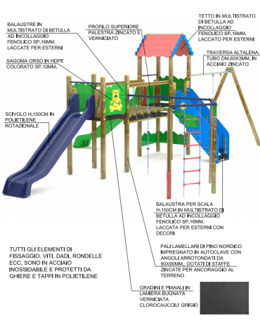 Villaggio attrezzato, 1 torri, 2 scivoli, 1 palestra, 1 altalena - cm 980x680x360h