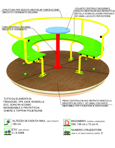 Mini giostra con divanetto 5 posti, in acciaio zincato a caldo e laccato per esterni - diam. cm 138x73h