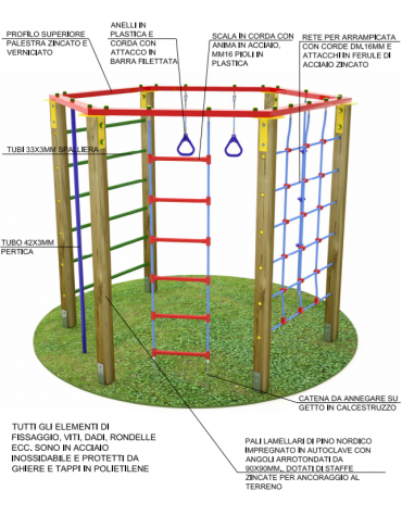 Palestra esagonale multifunzione, 1 scala rete, 1 fune di corda e pertica tubi della spalliera - cm 250x221x202h