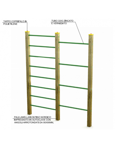 Doppia spalliera per esercizi  ginnici in legno lamellare con calotta plastica - cm 210x10x252h