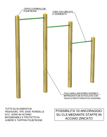 Attrezzo per sollevamento sulle braccia per esercizi  ginnici con pali in legno lamellare e calotta in plastica - cm 310x10x252