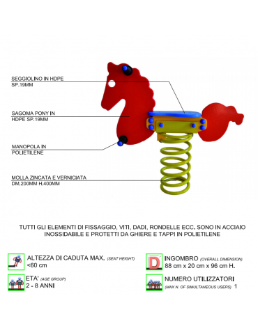 Gioco a molla pony con sagoma in polietilene HDPE ad alta densità - cm 88x20x96h