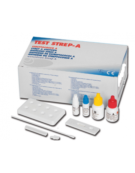 Test strep A - streptococco, la confezione include 20 cassette per test, 2 reagenti, 20 tubetti e tamponi